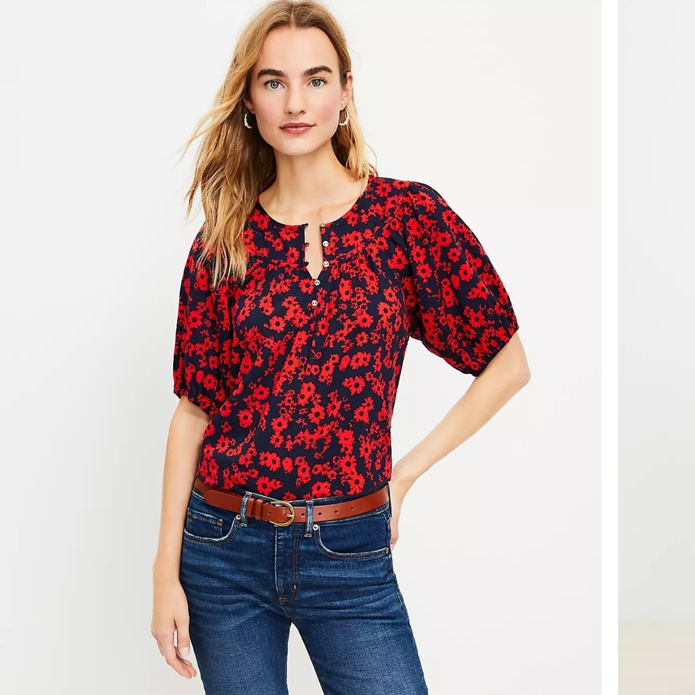 Preloved Floral Round Yoke Puff Sleeve Top Size Medium